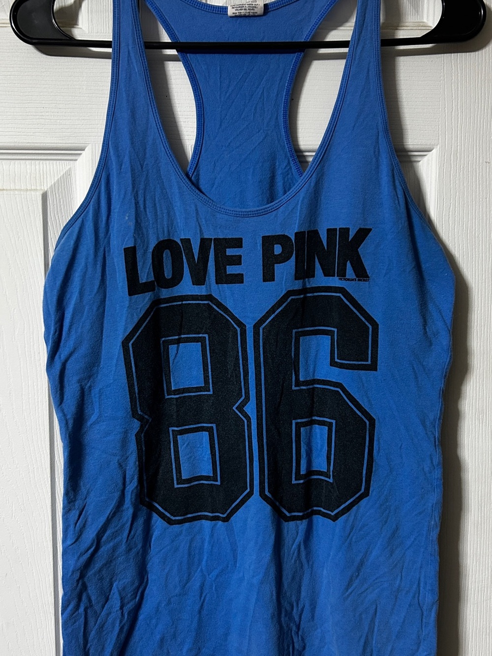 PINK Victoria's Secret Royal Blue Racerback Tank with Black Graphic